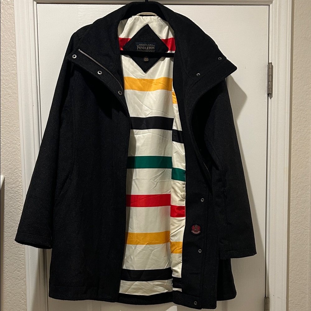 Pendleton Charcoal Cascade Wool Coat With Glacier Stripe Lining
